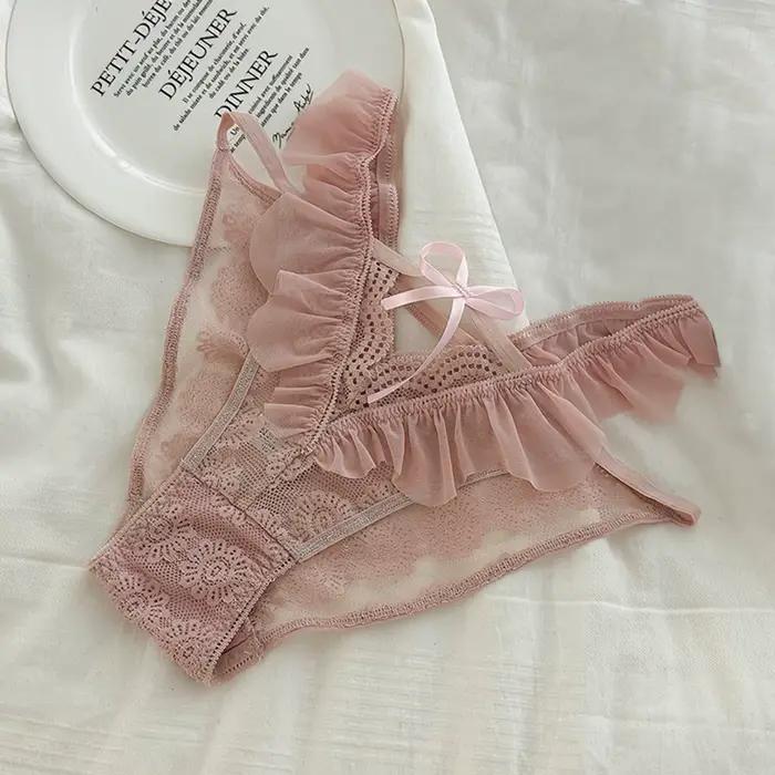 Sous-vêtements en dentelle sexy pour femmes, culotte fine, pantalon triangle, bord à volants, sans lueur, pur désir