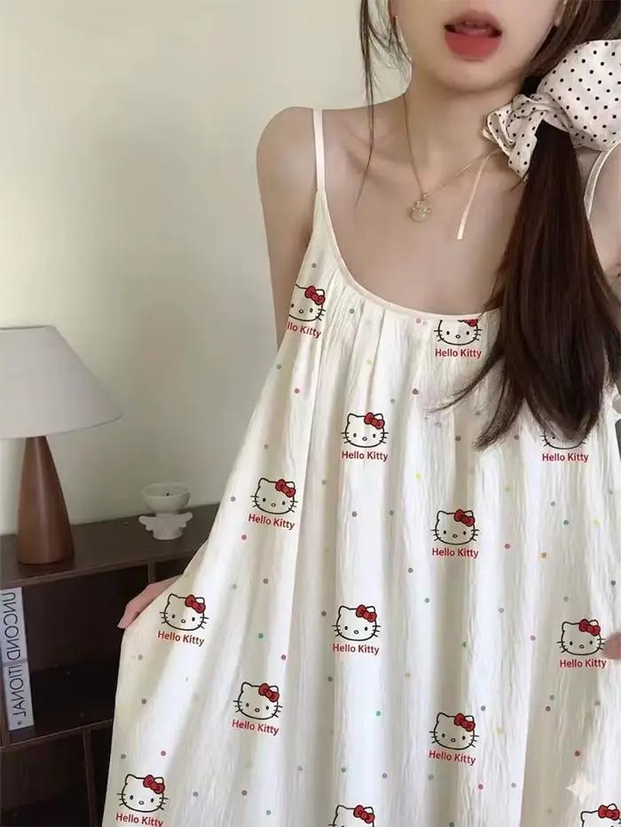 Robe de nuit mi-longue Hello Kitty pour femme avec soutien-gorge intégré, imprimé dessin animé mignon, prête pour l'extérieur, élégante, pour dormir et se détendre