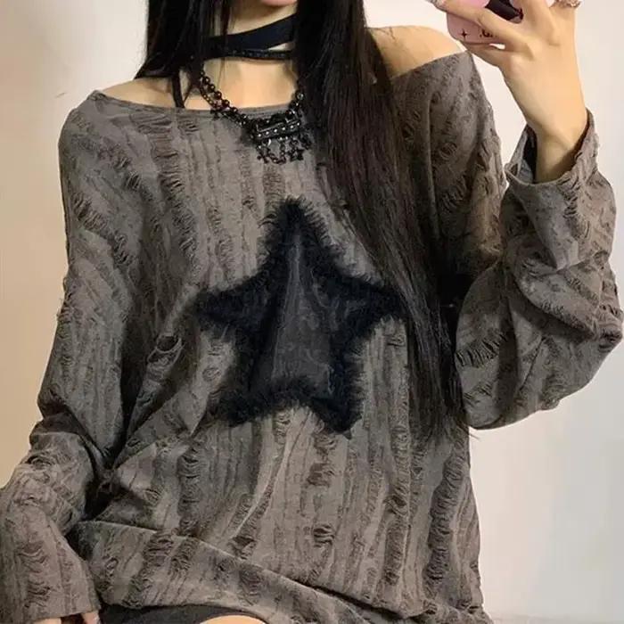 Y2K dierová hviezda potlač tričko ženy móda Streetwear holé ramená topy leto oversized Kpop dlhé rukávy t-sh