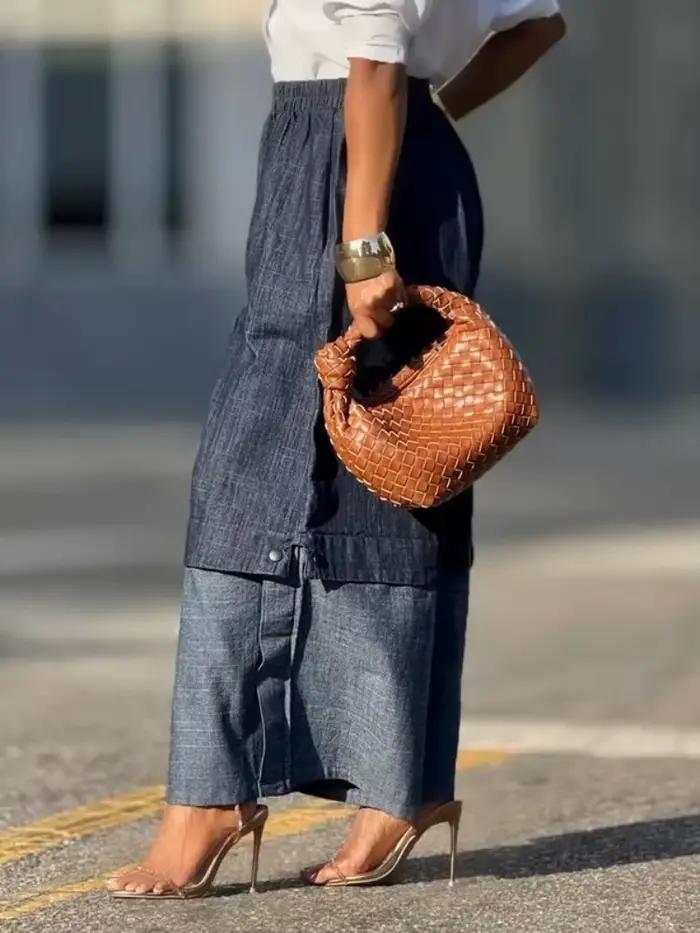 UOOZEE mestské dámske streetwear vrstvy Denim nohavice so širokými nohavicami voľné elastické vysoký pás vrecká Baggy džínsy