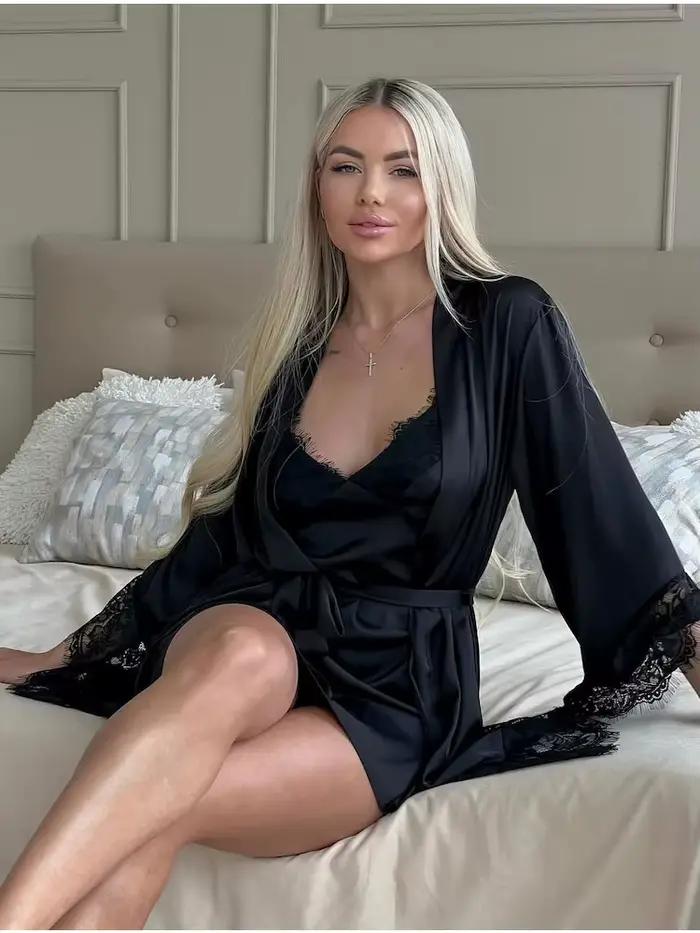Robes de nuit sexy en dentelle noire pour femme, en soie satinée, élégantes pour les mariages, robes de demoiselles d'honneur, ensemble de pyjama court et robe de chambre