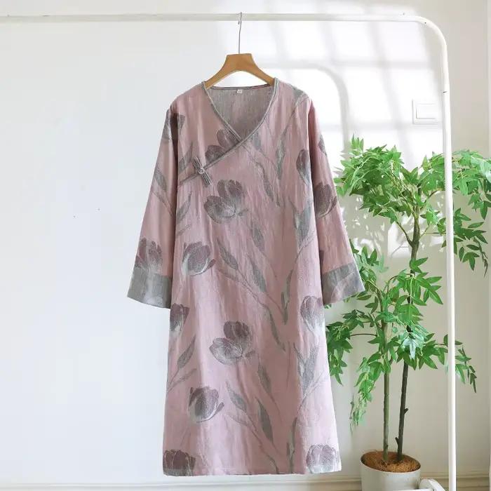Chemise de nuit en coton pur teint en fil de style chinois pour femmes, vêtements de détente en gaze fine, rétro, manches longues, col en v, ample, automne