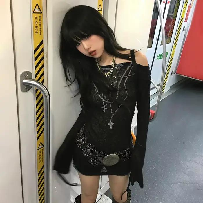 Japonské Y2k pletené topy Grunge s potlačou tetovania Dlhé rukávy Rebarborový Vintage Harajuku nariasený trikot