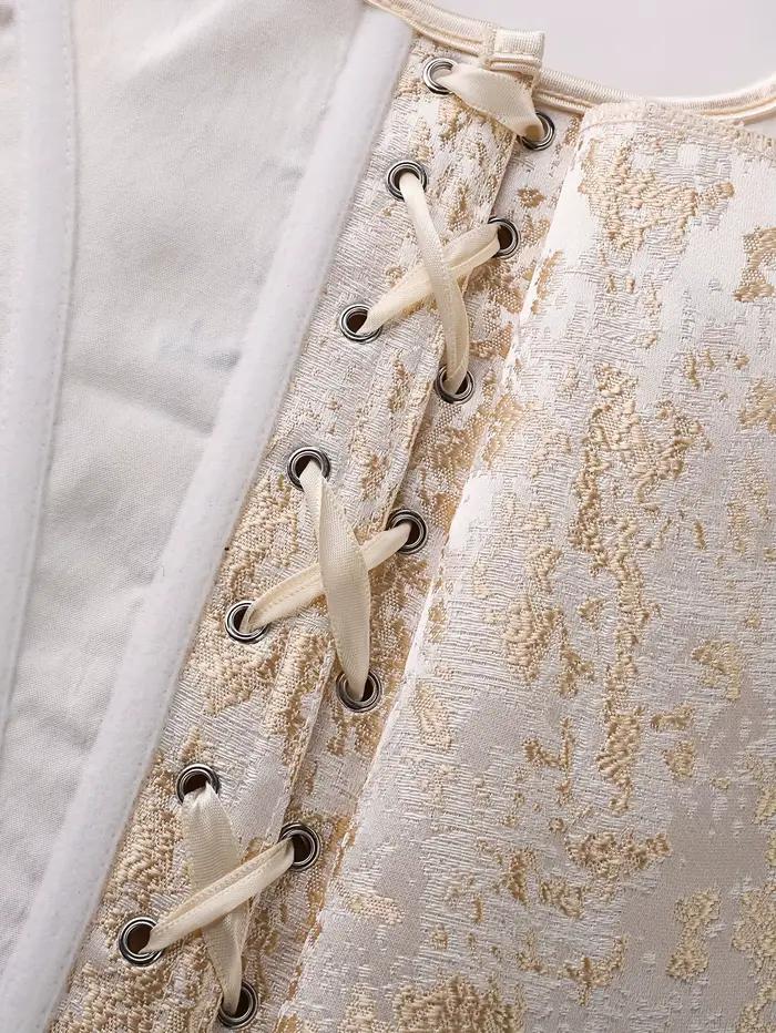 Élégant Corset Vintage Brocart Jacquard pour Femme avec Lacets et Nœud en Ruban de Satin, Serre-taille Camisole