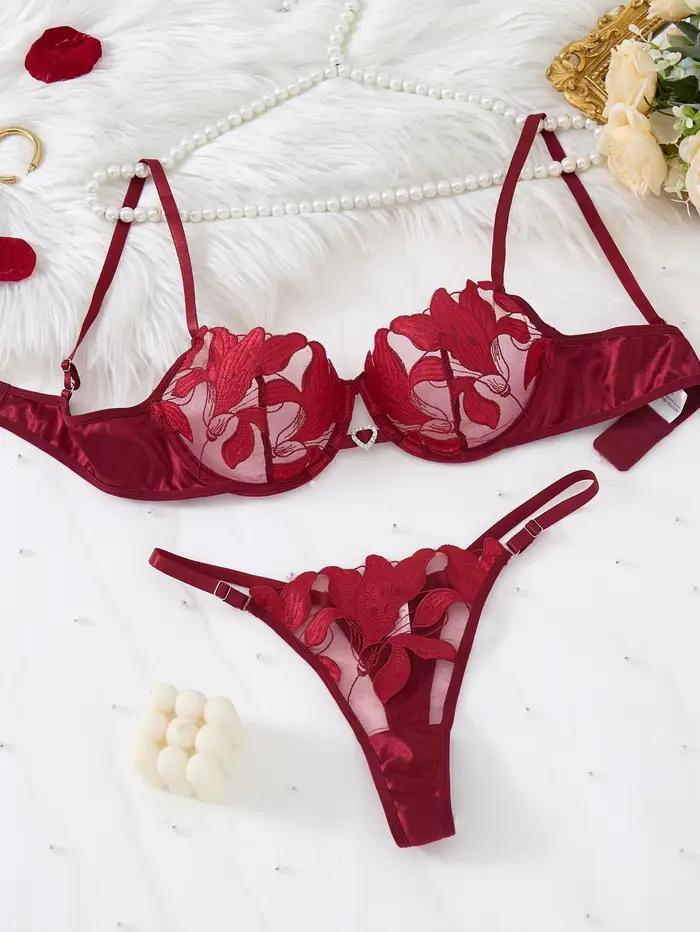 Ensemble de Lingerie en dentelle transparente, deux pièces, motif Floral exquis, soutien-gorge ultra-fin, slip, solide, exotique, pour dames, 23171A
