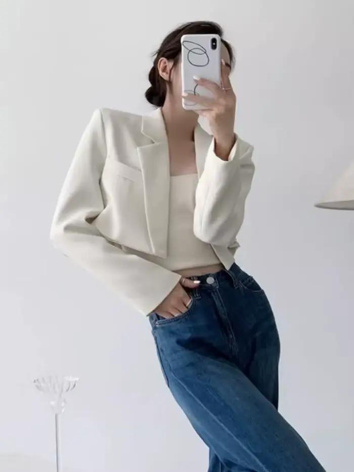 Dámske krátke biele sako základný elegantný jednofarebný vrch s dlhými rukávmi otvorený vpredu ležérny kabát