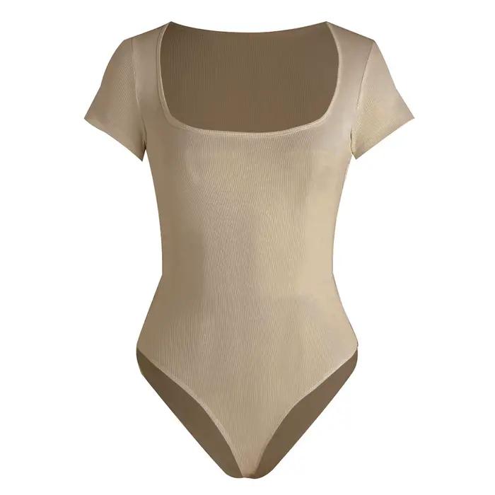 Combinaisons sexy d'été à manches courtes, col carré côtelé, couleur unie, une pièce, moulante, contrôle du ventre, body shapers, hauts