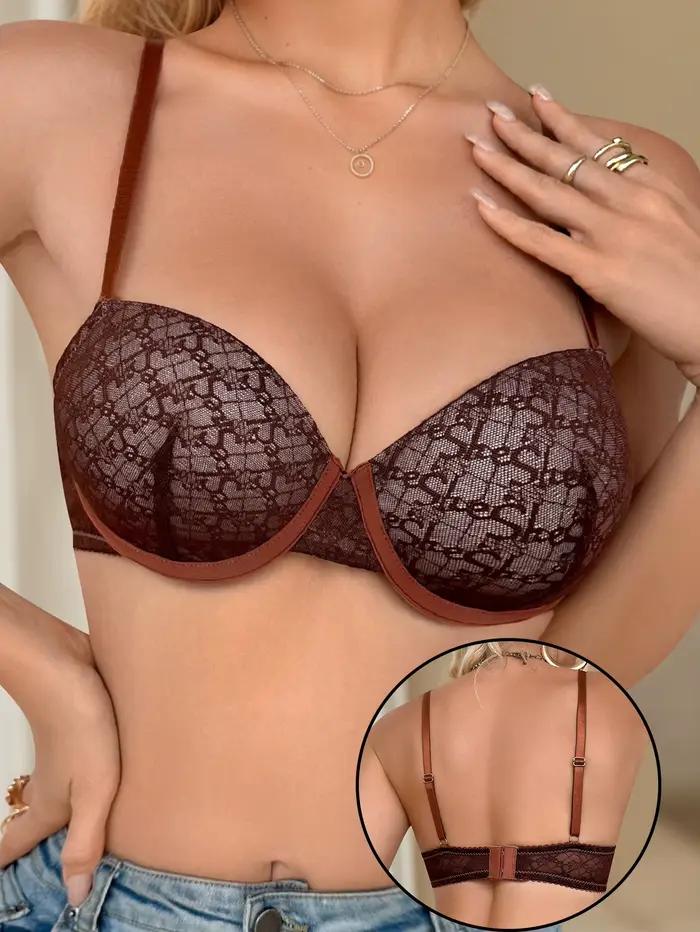 Soutien-gorge élégant marron en dentelle à armatures pour femme, push-up, coupe plongeante, lingerie avec bordure contrastante, confortable MR3608