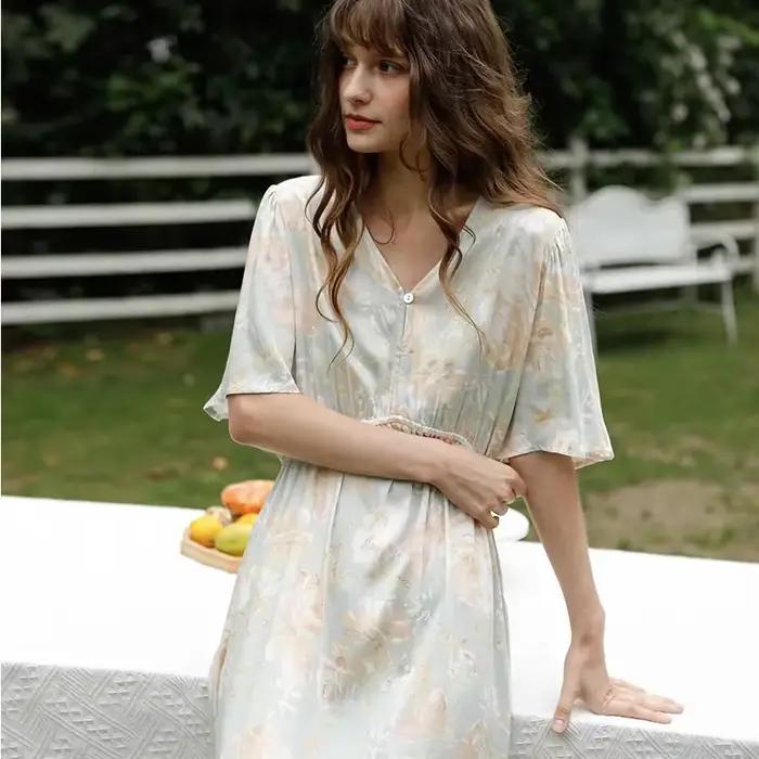 Robe de nuit longue en viscose pour femme, vêtements de nuit d'été dégradés, chemise de nuit à col en V avec point marron imprimé, robe de nuit à manches courtes