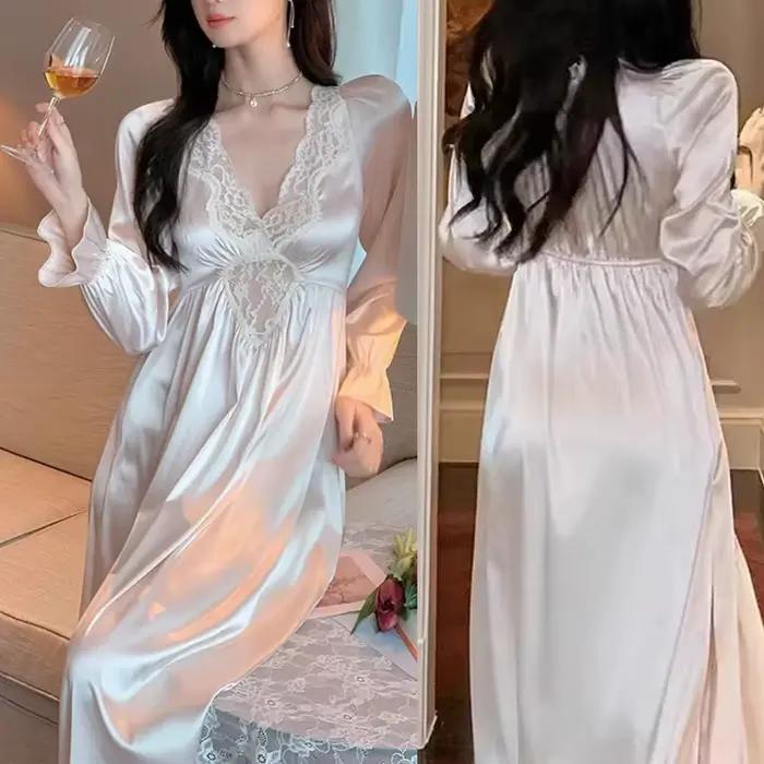 Chemise de nuit féminine en polyester et élasthanne avec col en V et dentelle pour femmes style sexy occassions spéciales printemps été