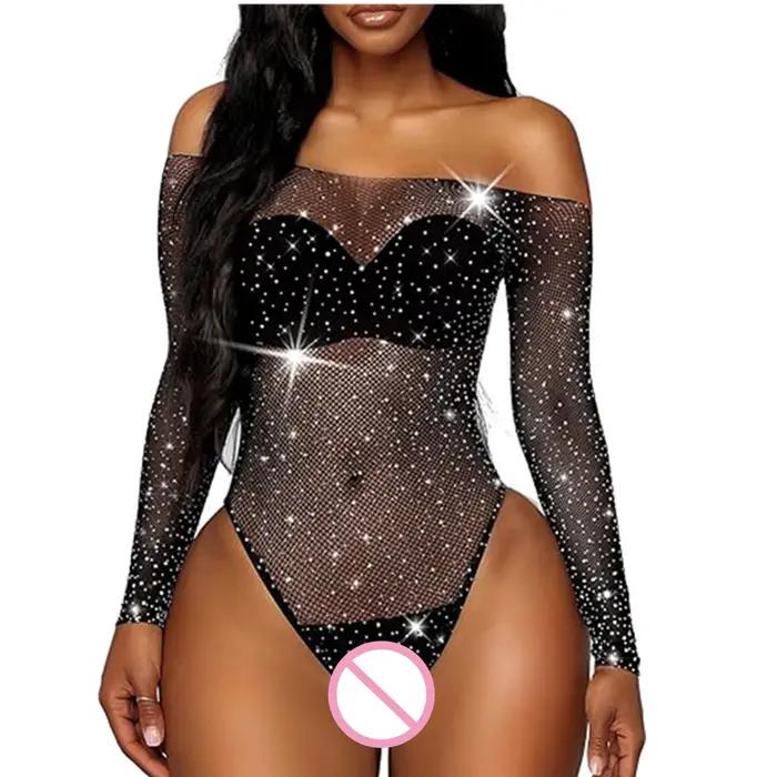 Lingerie sexy en résille pour femmes, costume porno, sous-vêtements en maille transparente, bas de batterie de sexe, costume de batterie, diamants, 7.0