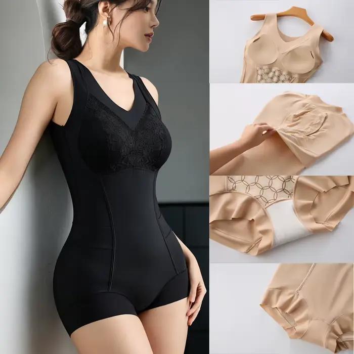 Body sculptant pour femme avec contrôle abdominal, design ouvert aux hanches, appliqué, post-partum, avec soutien-gorge intégré