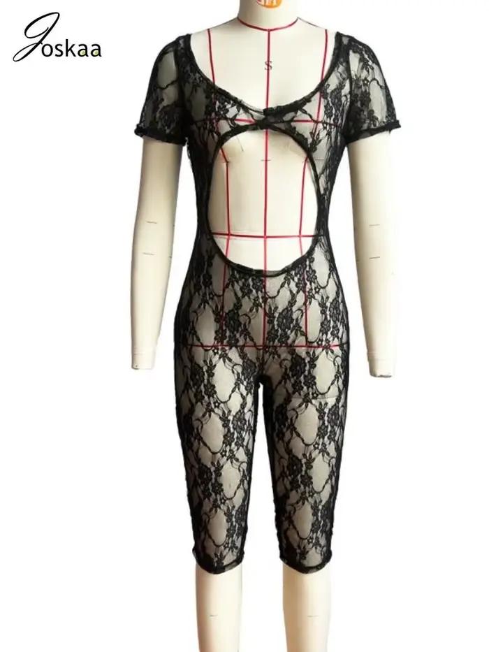 Combinaison sexy en dentelle transparente avec découpes Joskaa pour femme, col en V, manches courtes, dos nu, une pièce, pour les vacances et les soirées en boîte de nuit 2026