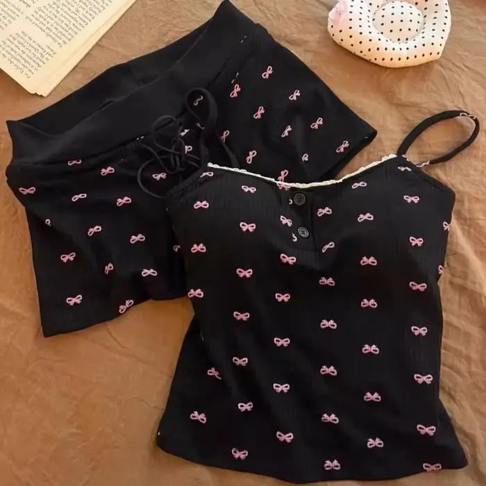 Ensemble de pyjama d'été pour femme avec nœud, débardeur et short, 2 pièces, décontracté, respirant, coupe ajustée, ensemble de lingerie de nuit