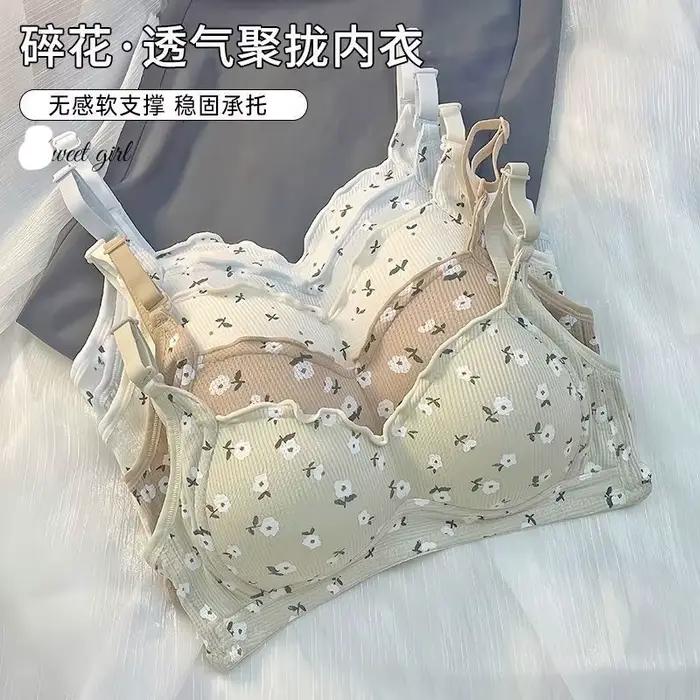 Lingerie confortable à imprimé floral pour femmes, sans jantes en acier, petite poitrine, rassemblement, soutien-gorge fin anti-affaissement pour filles