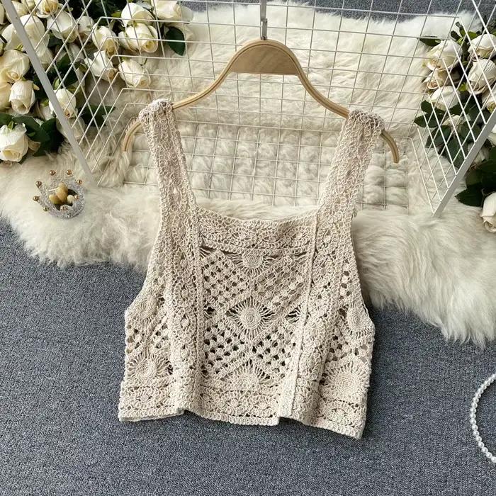 Pyjama d'été sexy en fibre ajourée pour femmes, bretelles courtes, pantalon évasé, olympiques deux pièces Boho Beach