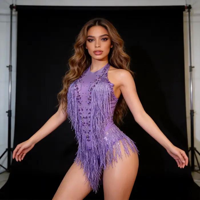Costume de danse pour femmes, tenue de scène, combinaison extensible, justaucorps à franges, vêtements de performance, strass scintillants, franges, vêtements de boîte de nuit