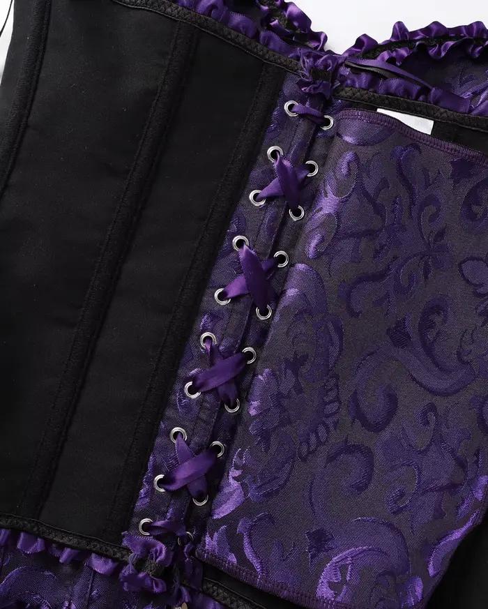Corset violet jacquard à encolure cœur, fermeture avant, dos à lacets, bordure à volants, style gothique victorien, cincher de taille