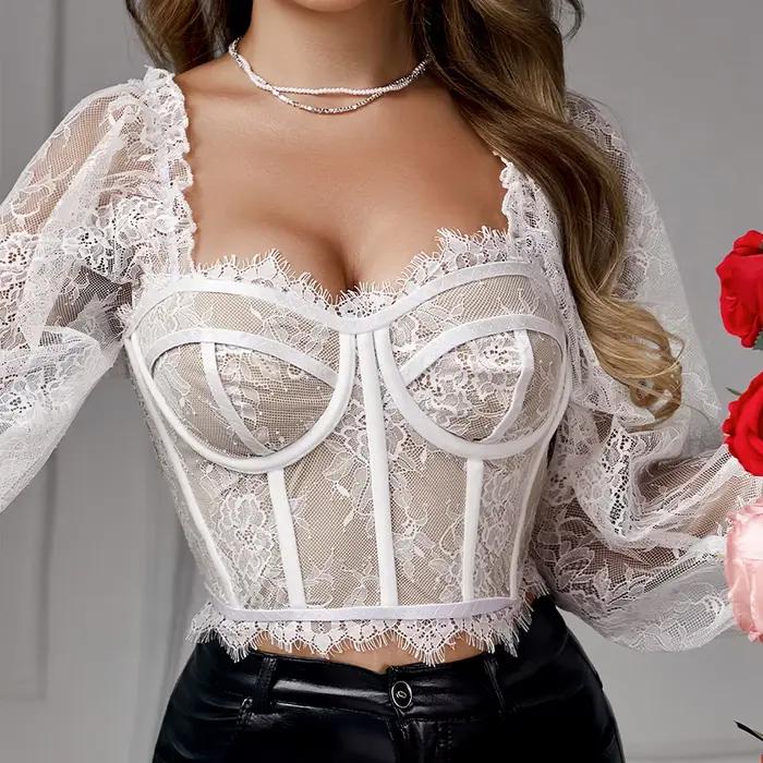 Corset en dentelle et maille pour femmes, débardeur à manches longues, haut court Sexy, mode de rue, Clubwear de fête, Camisole, tunique slim