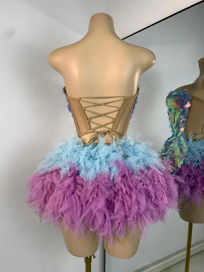 Costume deux pièces à volants et paillettes brillantes pour femmes, ensemble robe dos nu, Costume de danse pour spectacle en boîte de nuit, Costume de scène de chanteur