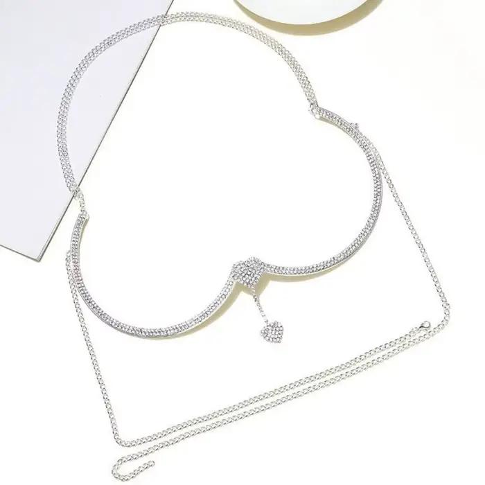 Punk coeur poitrine soutien corps chaîne gland fleur soutien-gorge poitrine chaîne bijoux strass poitrine chaîne robe coupe basse