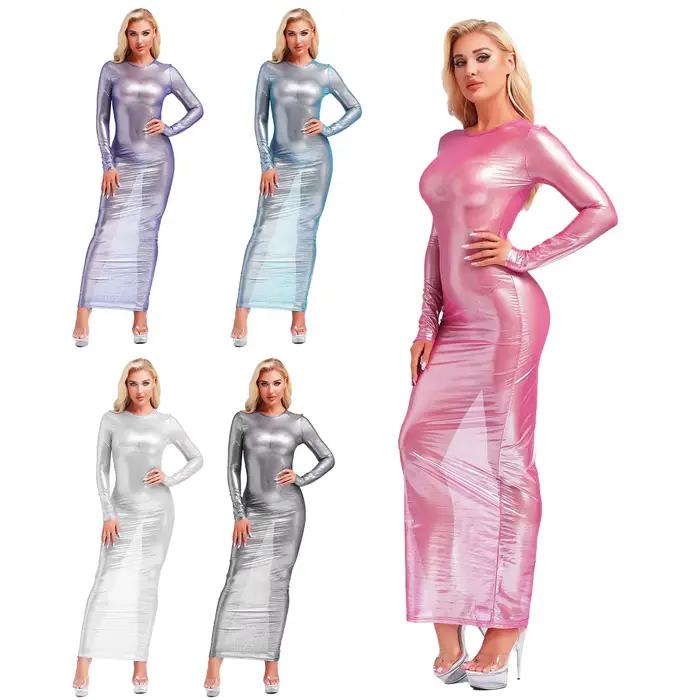 Robe de plage longue transparente pour femmes, Sexy, métallique brillant, manches longues, couleur unie, maille, Costumes de soirée, Clubwear