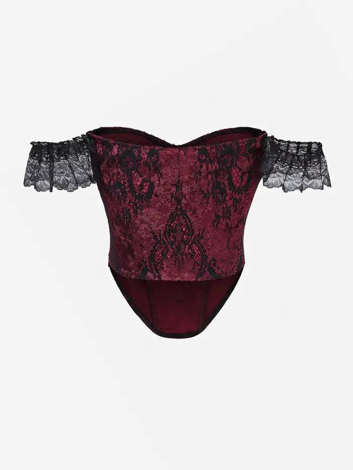 Corset gothique sans bretelles, superposition de dentelle florale, épaules dénudées, paillettes scintillantes, ourlet à boucle