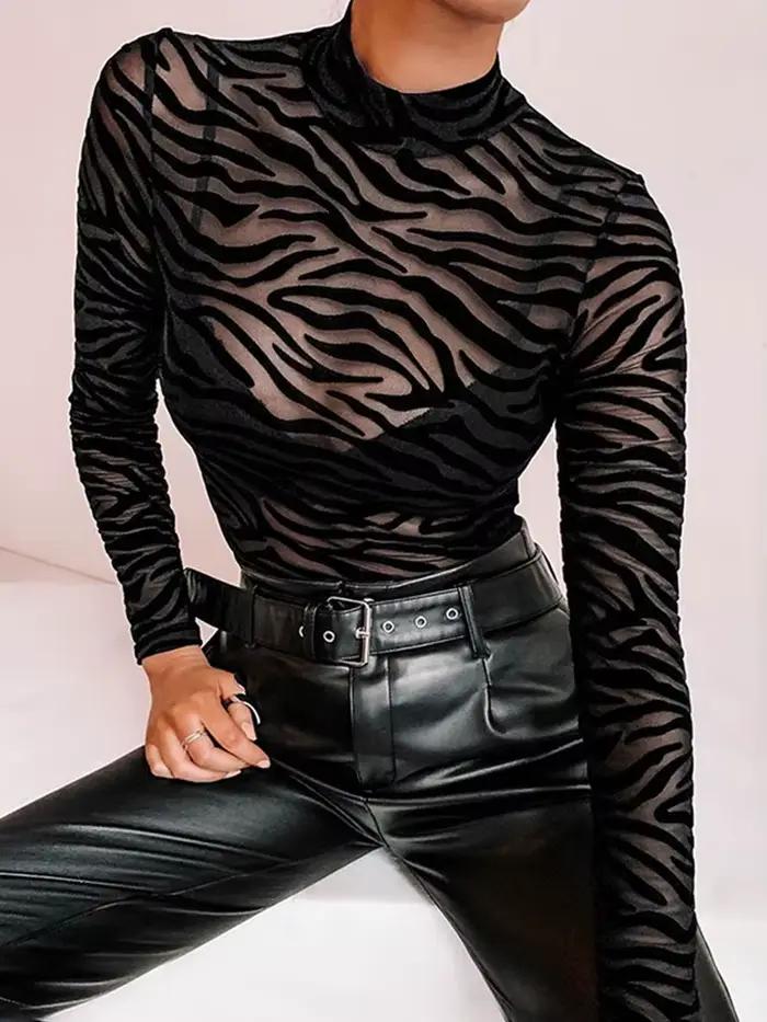 Body Sexy en maille noire transparente, manches longues, Slim, à rayures, col montant, barboteuse décontractée pour femmes, Body de fête, Club