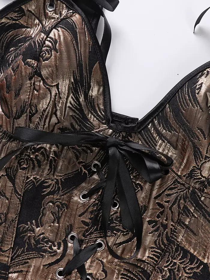 Corset pour femme noir et or, jacquard baroque, avec nœud à nouer, larges bretelles, décolleté en V profond sur le devant et au dos, à lacets, bustier structuré