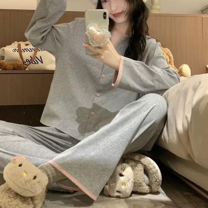 Les vêtements de nuit pour femmes peuvent être portés comme des vêtements d'extérieur, costume de maison, Cardigan ample de couleur unie, pantalon à manches longues, Ж Dön hei Пижама