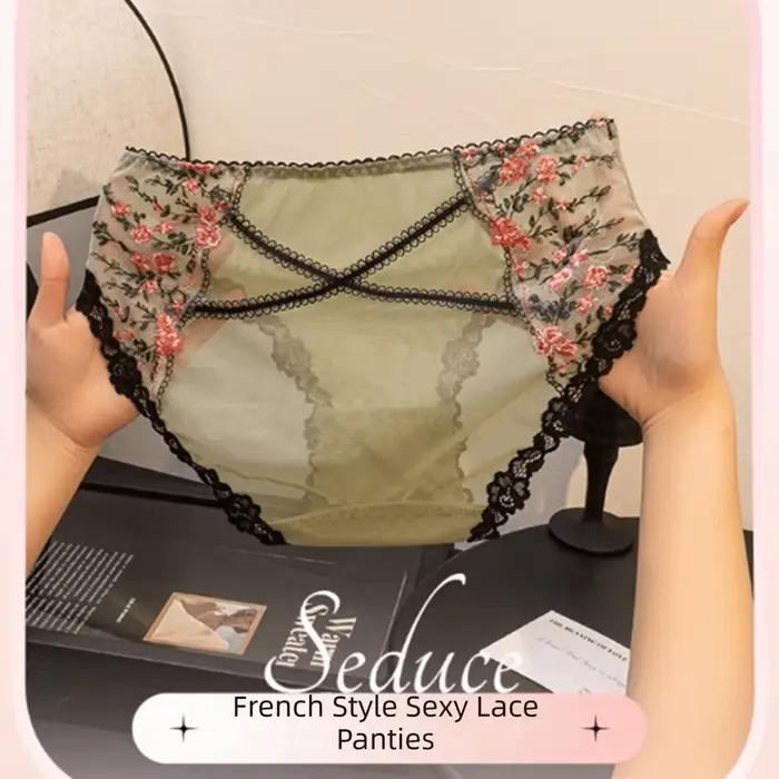 Culotte transparente en maille pour femme, broderie florale, respirante, en dentelle, culotte évidée, broderie douce, slip en dentelle