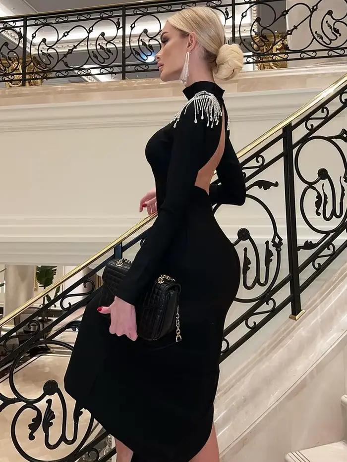 Ahagaga módne vykrojené dámske Maxi Šaty Sexy jednofarebné odhalený chrbát ležérny rolák štíhly elegantný obtiahnuté