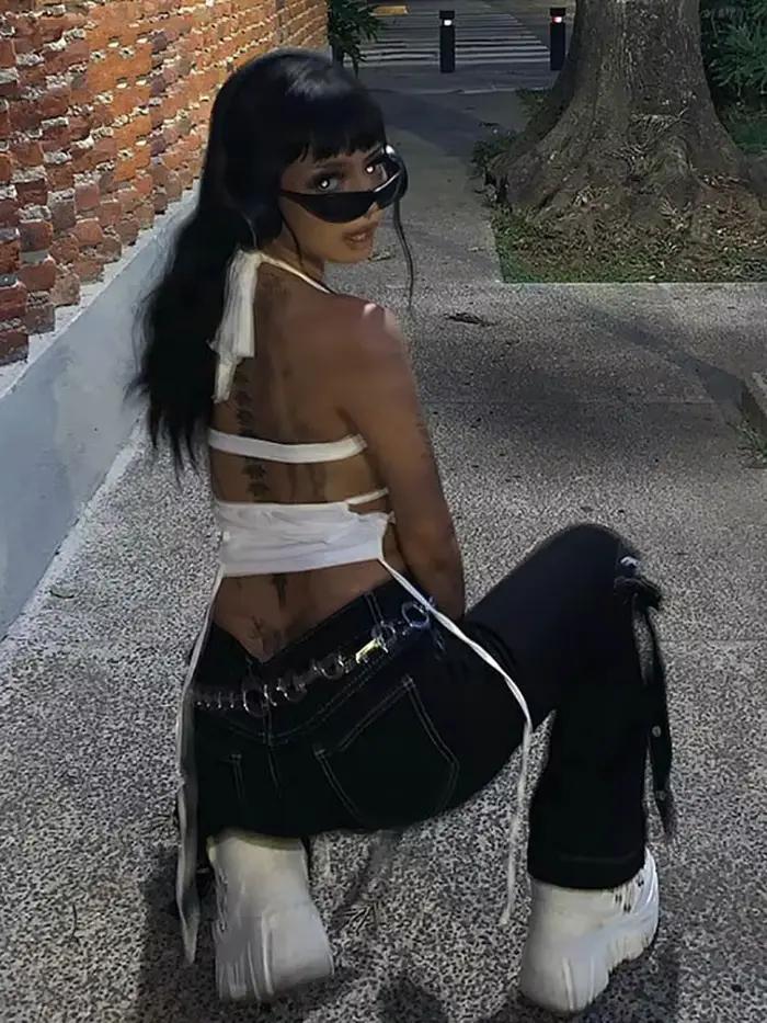 Y2K Sexy odhalený chrbát letný top krátky ženy 2025 biely bez rukávov obväzový lodičkový tielko Streetwear Cami 90s