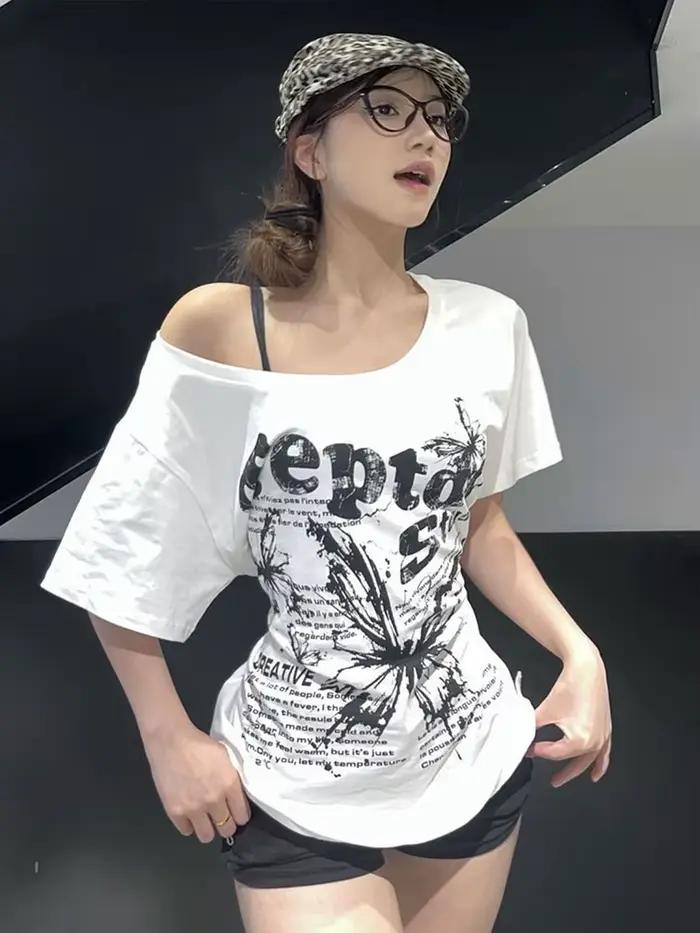 Biele 100% bavlnené Y2k vintage oversize off-shoulder tričko s krátkym rukávom s potlačou pre ženy