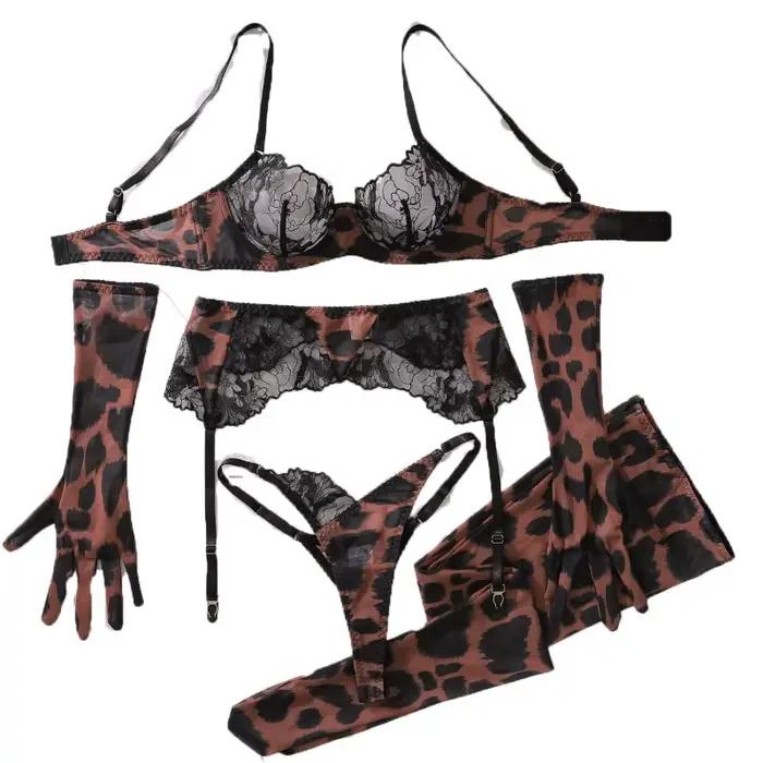 Costume léopard pour femmes, Lingerie Ultra Sexy en dentelle, Patchwork, intime, Sexy, complet avec gants, bas, sous-vêtements