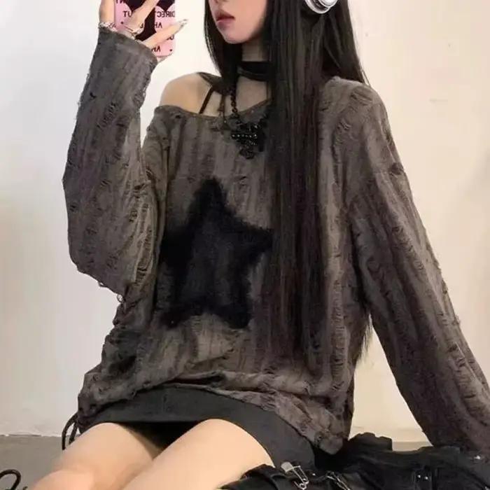 Y2K dierová hviezda potlač tričko ženy móda Streetwear holé ramená topy leto oversized Kpop dlhé rukávy t-sh