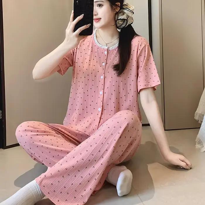 Pyjama rayé en coton rose pour femmes, ensemble deux pièces pour l'été, chemise à manches courtes et pantalon long, vêtements de nuit simples et doux