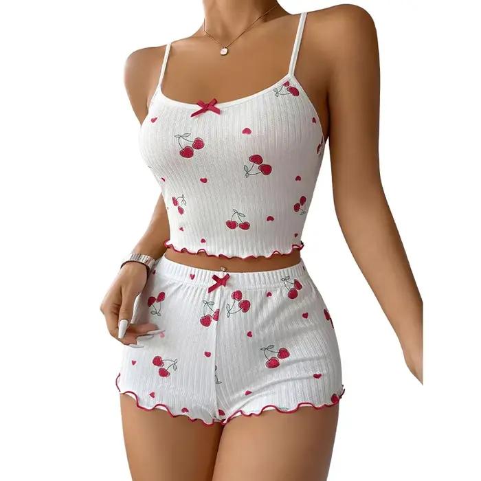 Ensemble pyjama 2 pièces pour femmes, haut caraco avec nœud imprimé cerise sur le devant et ensemble pyjama court, vêtements de nuit mignons et doux
