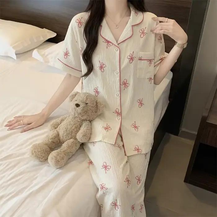 Pyjama doux à nœuds de style français pour femme : ensemble d'été à manches courtes et pantalon long avec imprimé nuage, vêtements de détente en coton doux et confortable