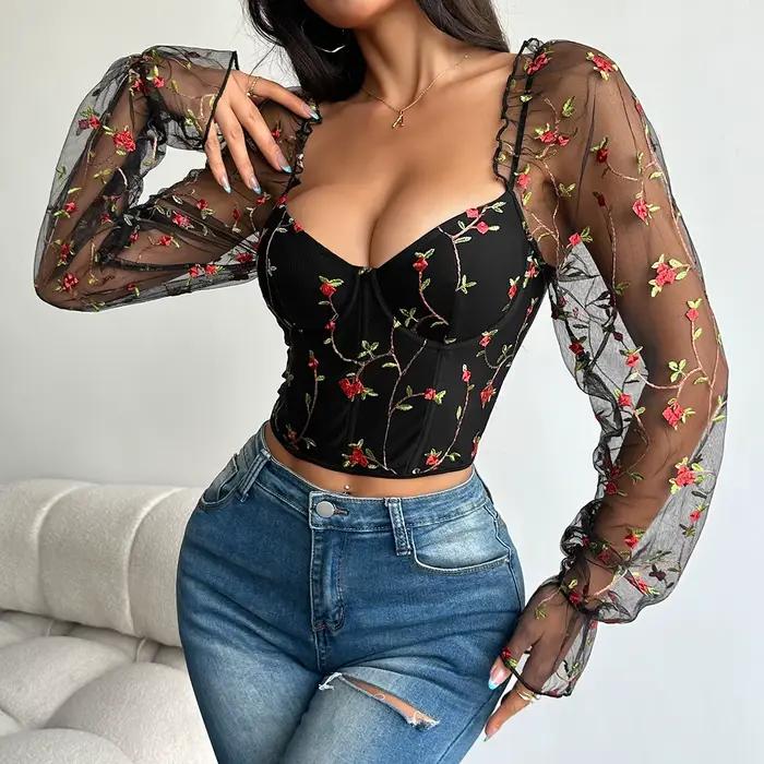 Corset sexy pour femme à manches longues, broderie florale en maille, bustier amincissant à baleines, coupe ajustée, polyvalent et tendance