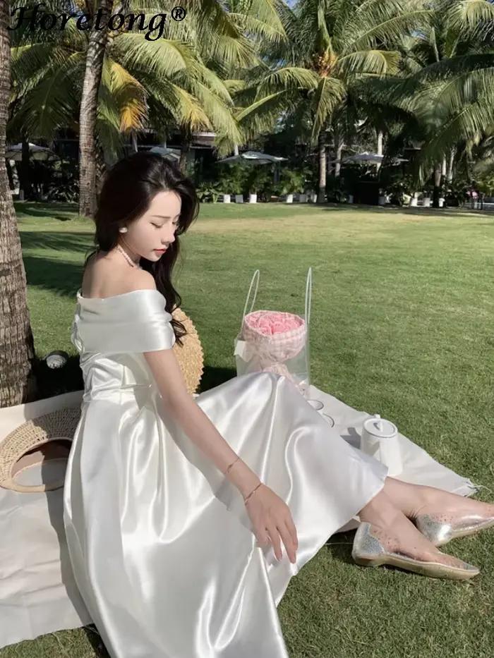 Horetong mašlička výstrih šaty Sexy leto ženy víla biela elegantná áčková línia midi