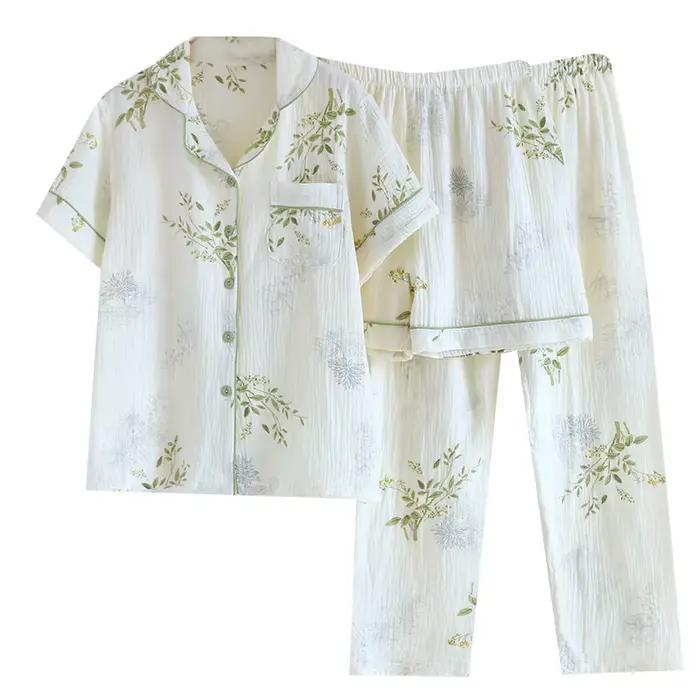 Ensemble pyjama trois pièces en crêpe de coton pur pour femme, manches courtes fines + Short + pantalon Long, nouvelle collection printemps/été 2024, 100%