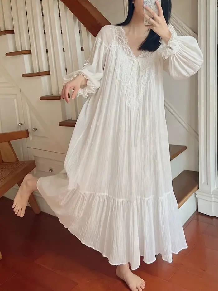 Robe longue de style français pour femme, chemise de nuit en dentelle, nouvelle mode printemps-automne, robe de nuit ample