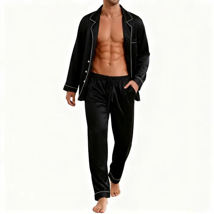 Ensemble de pyjama de luxe pour homme avec bordure contrastée, manches longues et pantalon à poches, pyjama confortable et ample pour homme, ensembles de vêtements de nuit