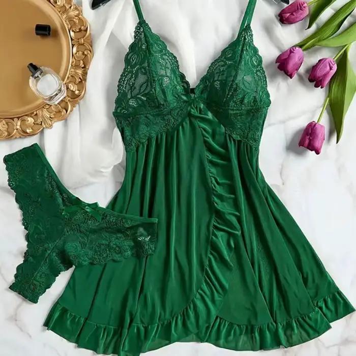 Été doux pure nuisette pyjamas chemises de nuit vert foncé licou robe femmes vêtements de nuit Sexy chemise de nuit string ensembles