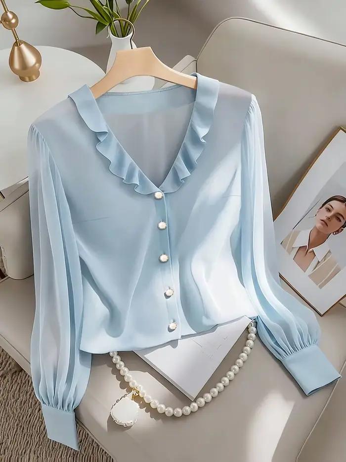 Chemise à manches longues bleue style Hebe pour femme, élégante, col en V, amincissante, avec bordure effet bois, chic pour le bureau