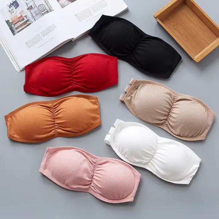 Soutien-gorge bandeau côtelé sans bretelles pour femme, anti-dérapant, froncé, avec coussinets amovibles et respirants, crochets dorsaux réglables, taille unique