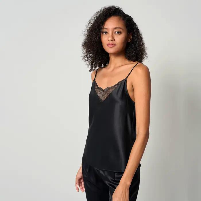 LILYSILK Dámske hodvábne 2-v-1 camisole MIM Vest Top s čipkovaným výstrihom do V a nastaviteľnými tenkými ramienkami