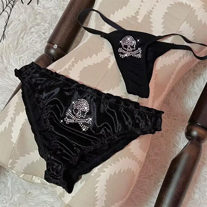 Gothique Punk foncé doux Cool Flash crâne Sexy string taille basse slips Tanga confort respirabilité à volants femmes t-back culotte