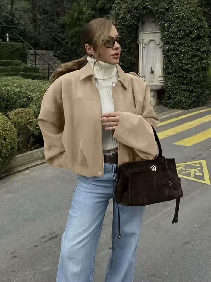 Dámska letecká bunda s netopierími rukávmi a zipsom, ležérny top
